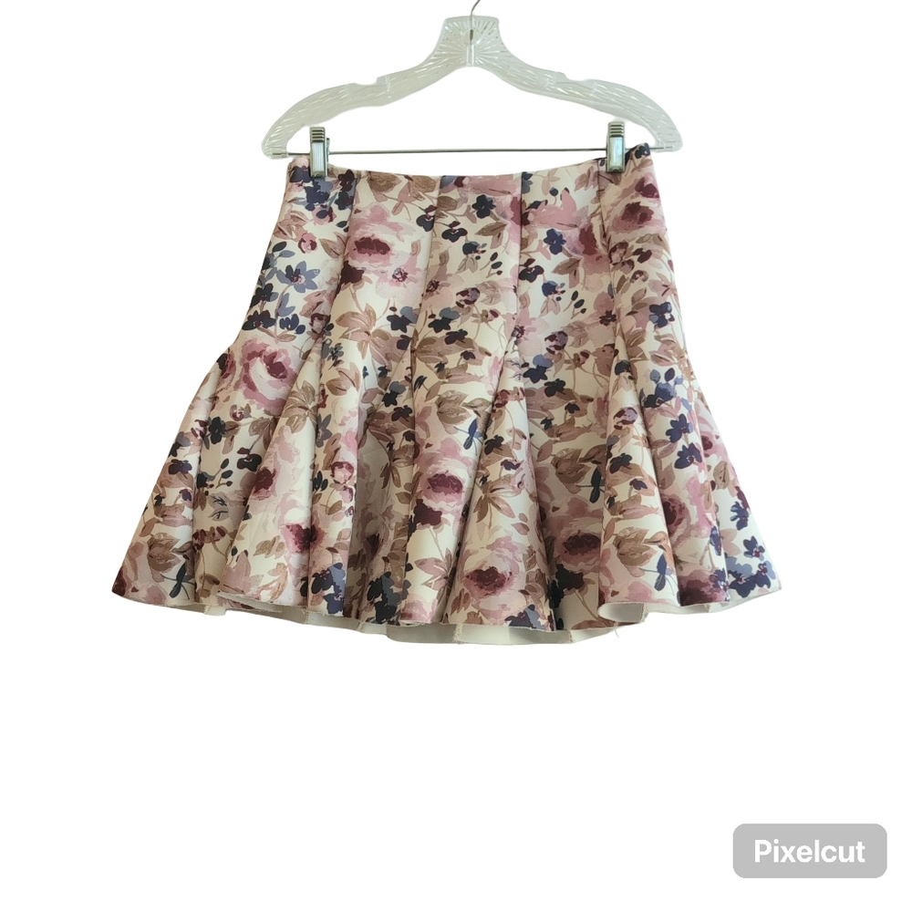 LC Lauren Conrad Pink & Brown Floral Romantic Ruffled Skater Skirt - Size S